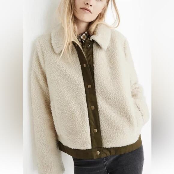 Madewell Women’s Cream Sherpa Fleece Collared Jacket Medium NWOT - Picture 1 of 13